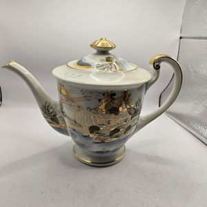 VINTAGE Kutani Japan Gold Accent Countryside House Mountains China Tea Pot Used.
